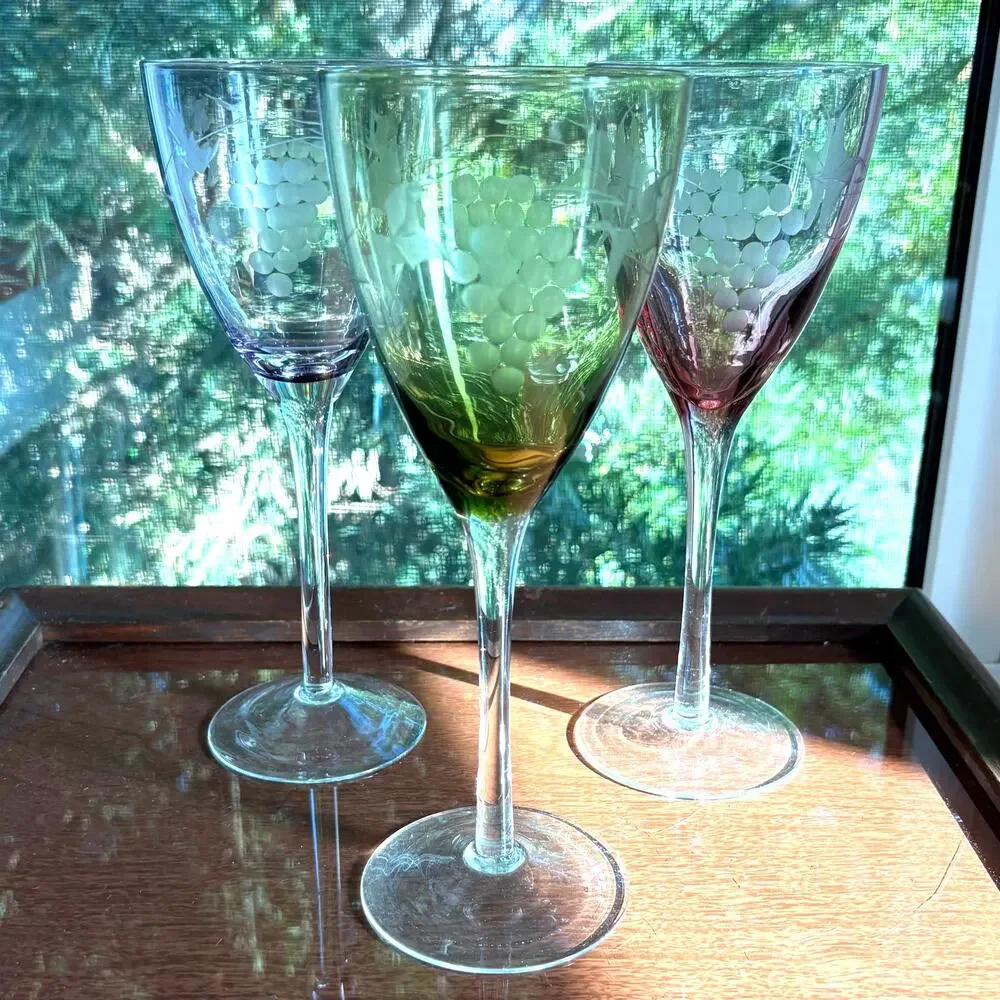 Hand Blown Wine Glasses Green & Purple Etched Grape Set of 3